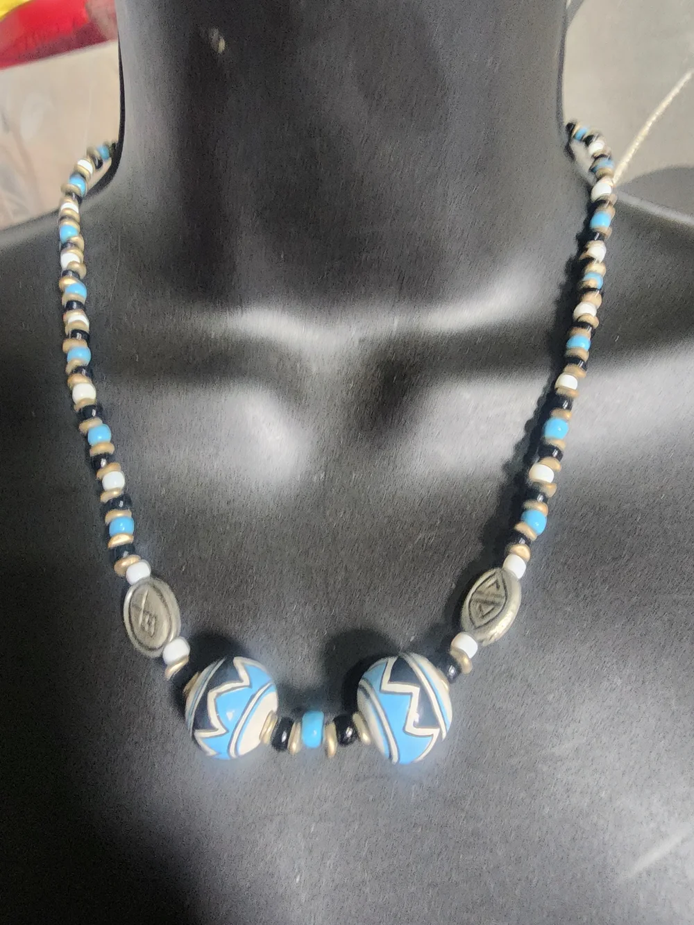 Beaded Men's Necklace in Blue and Cream - Stylish Grooming Accessory